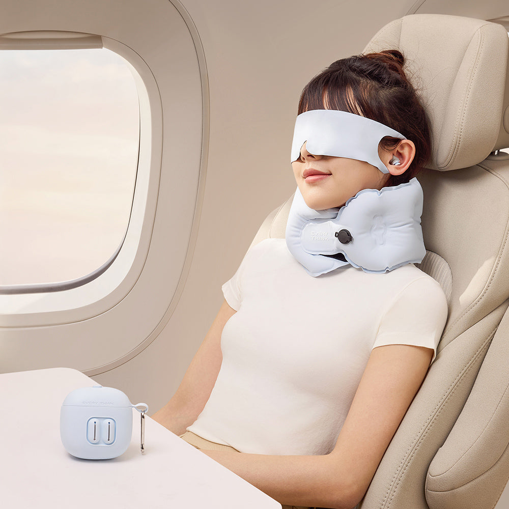 EVERY THINK|捲捲充氣旅行三件組(充氣頸枕+薄貼眼罩+降噪耳塞) 附專屬充氣收納盒