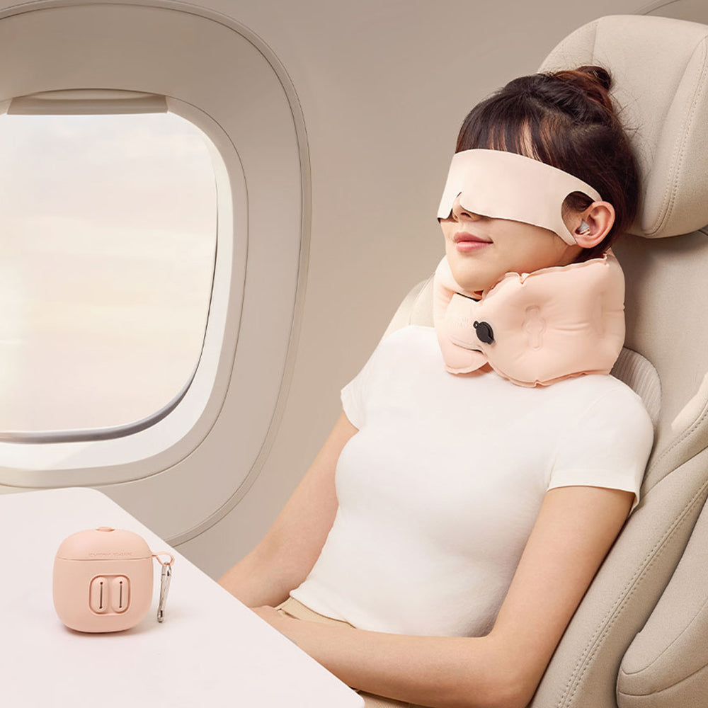 EVERY THINK|捲捲充氣旅行三件組(充氣頸枕+薄貼眼罩+降噪耳塞) 附專屬充氣收納盒