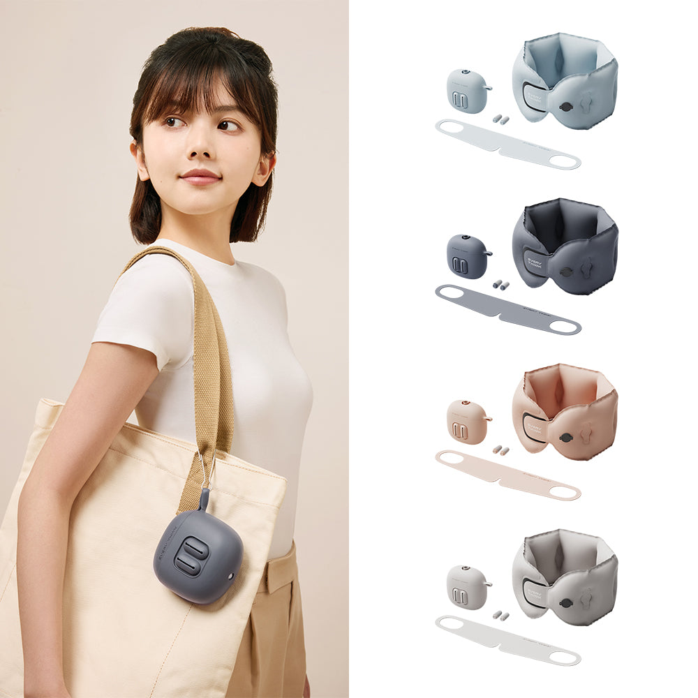 EVERY THINK|捲捲充氣旅行三件組(充氣頸枕+薄貼眼罩+降噪耳塞) 附專屬充氣收納盒