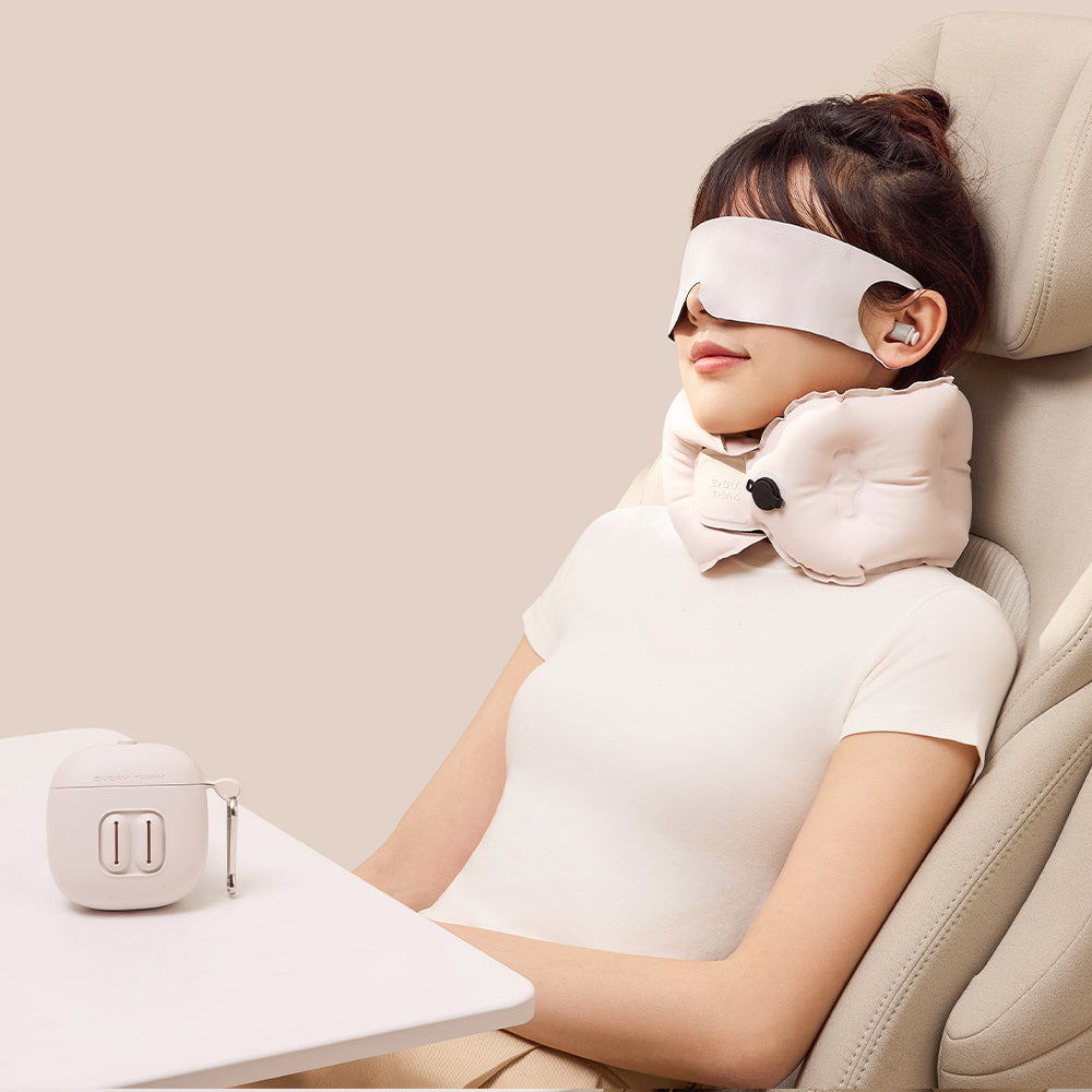 EVERY THINK｜捲捲充氣旅行三件組(充氣頸枕+薄貼眼罩+降噪耳塞) 附專屬充氣收納盒